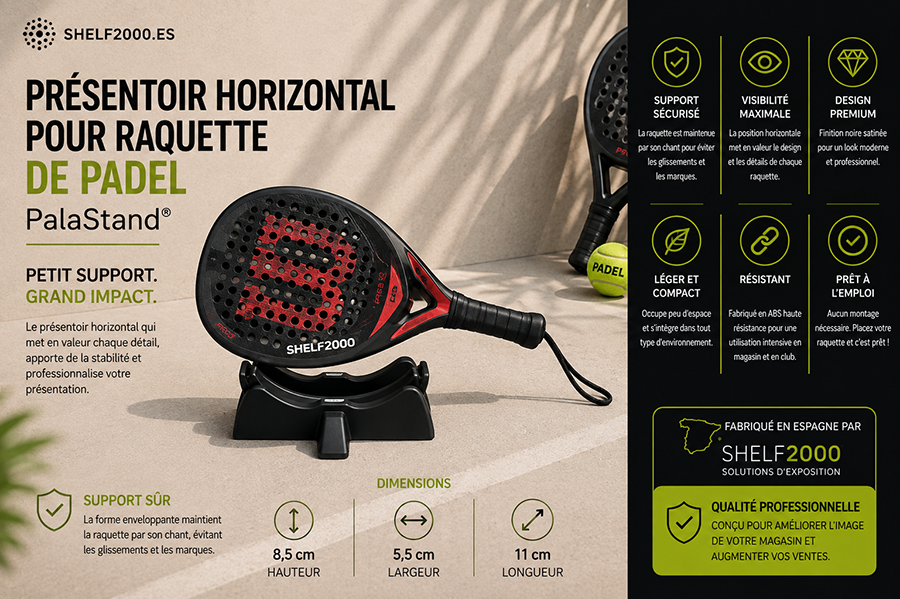 Support de comptoir PalaStand pour raquette de padel, infographie promotionnelle en français avec présentation du support, avantages principaux et utilisation en magasin.